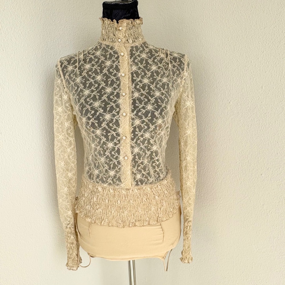 Antonio Melani Lace Metallic Pearl Button Blouse Women 4 Gold